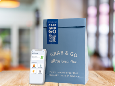 Grab and Go school meal shown beside Fusion Online Pre-Order app