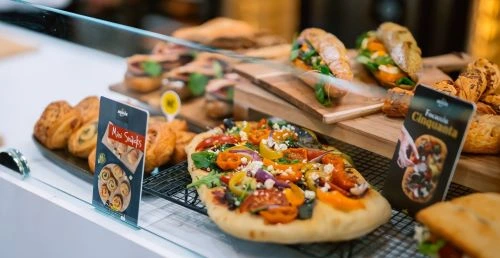 Grab-and-go flatbread in a display case