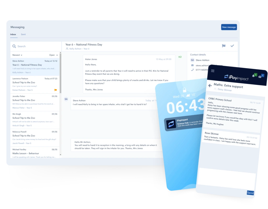 Screenshots showing conversations between school and parent with the iPayimpact Communications module