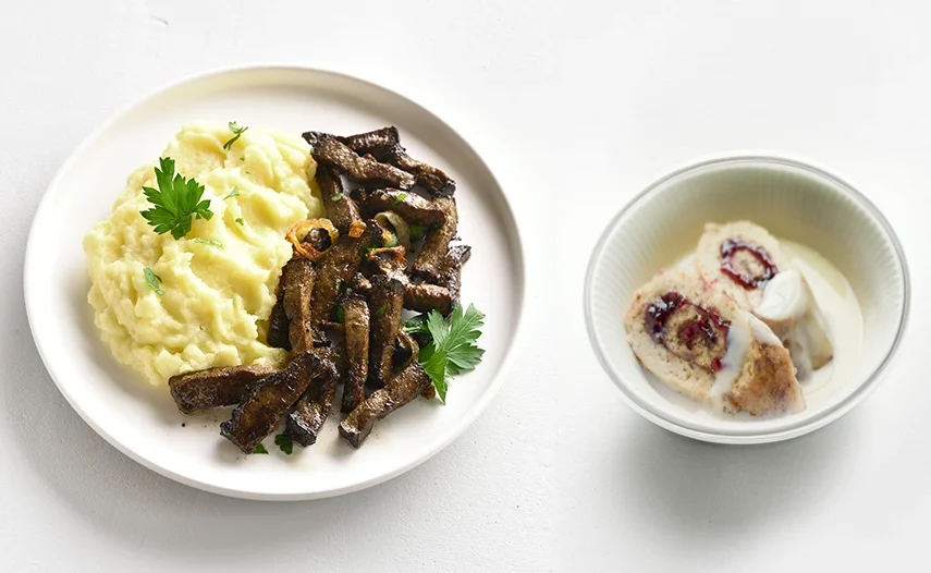 Liver and mashed potato with jam roly poly
