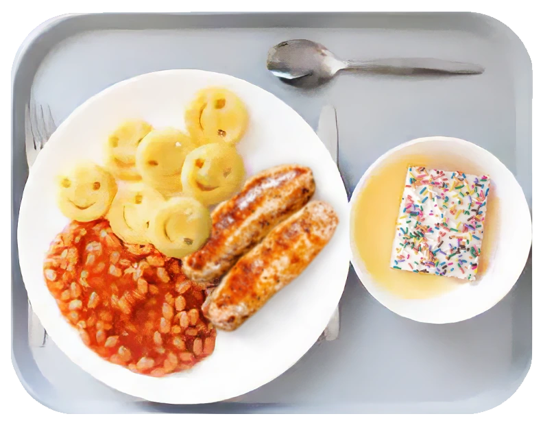 Smiley faces, sausages and baked beans with sponge cake and custard
