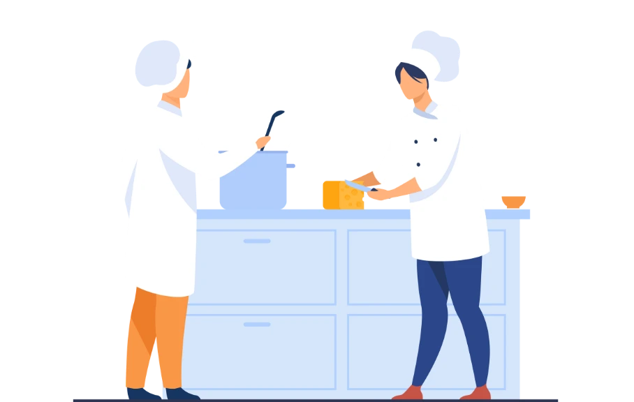 Illustration of caterers working in a school kitchen.