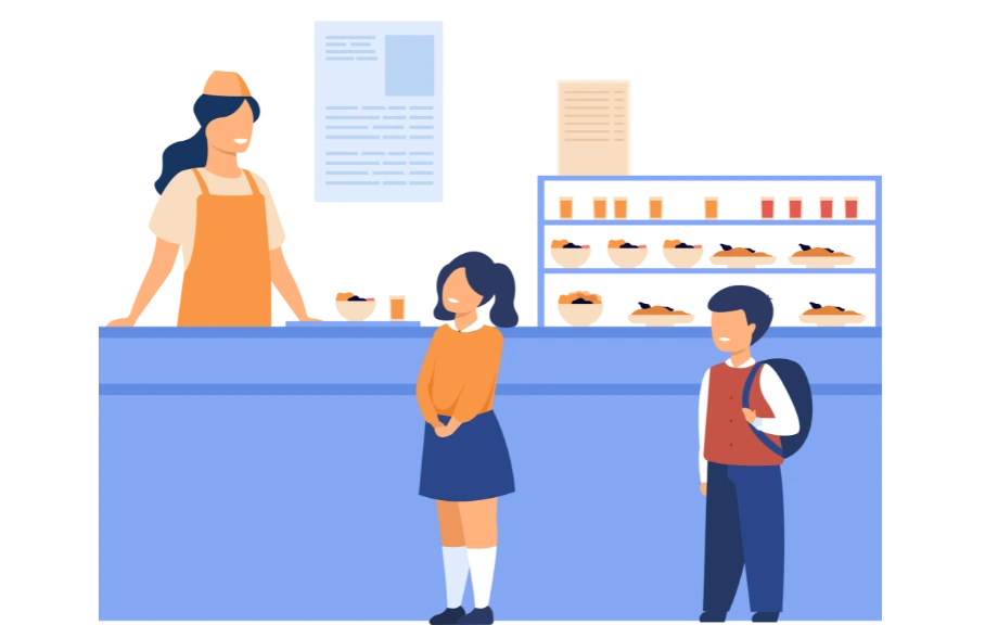 Illustration of a school caterer serving meals to students.