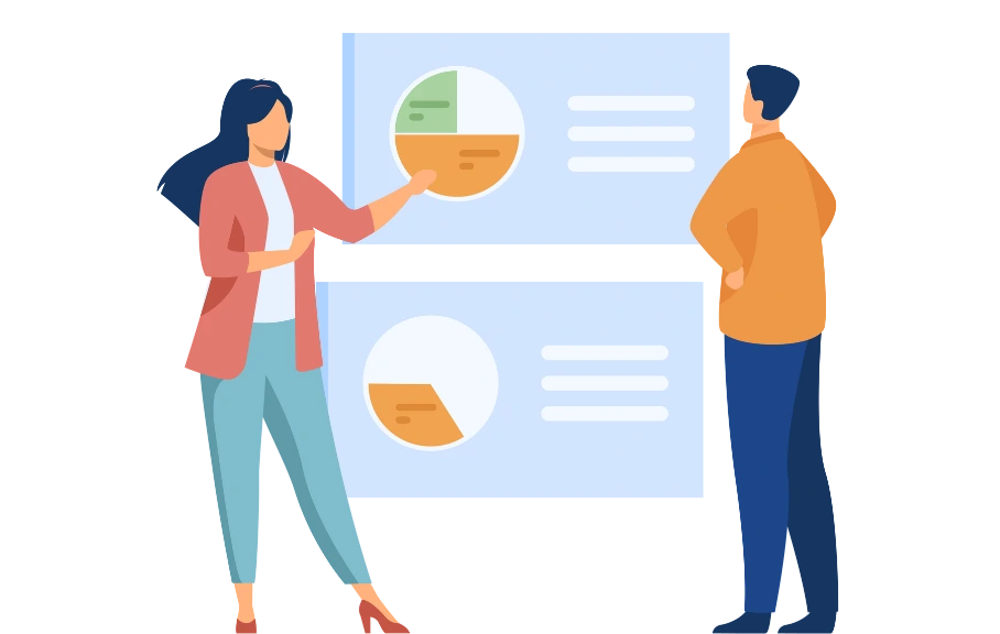Illustration representing staff analysing data.