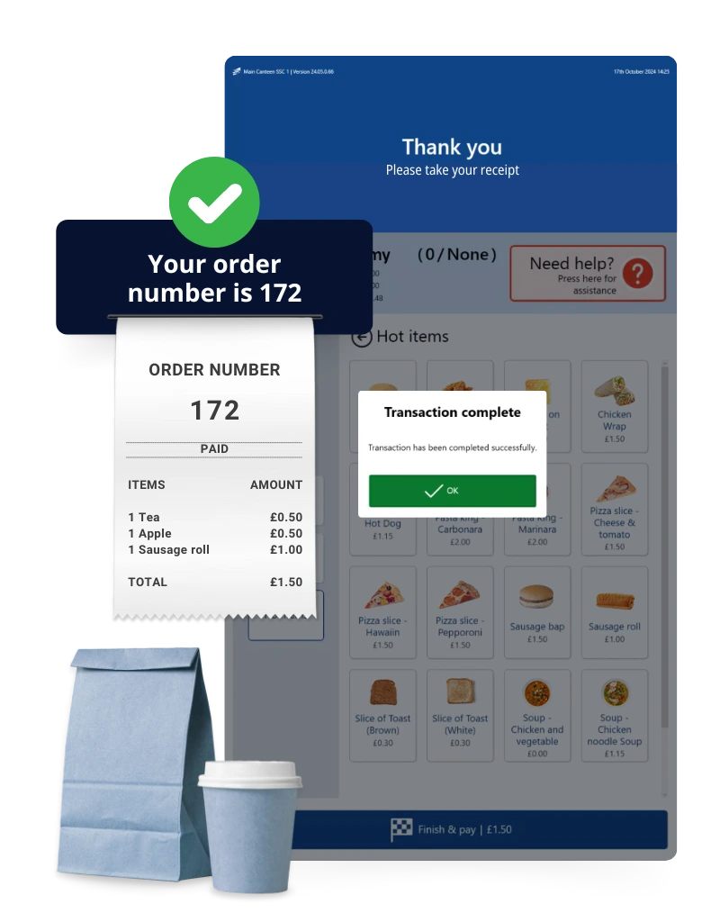 Transaction complete screen with receipt and items for collection